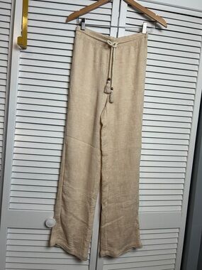 Bobbles & Lace Drawstring Wide Leg Pants - Cream size M silky soft